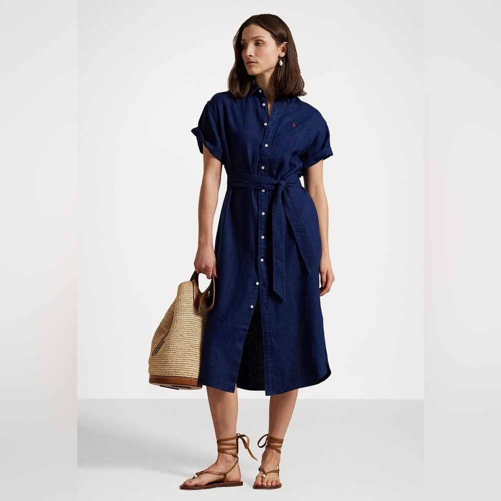 Polo Ralph Lauren belted linen midi shirtdress in newport navy blue red pony